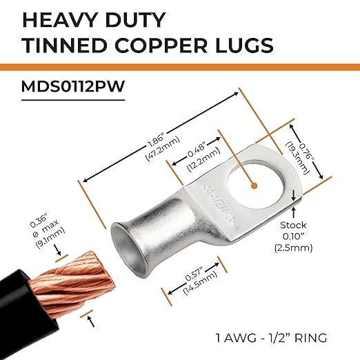 SELTERM 2pcs 1 AWG 1/2" Stud Tinned Copper Wire Lugs, Battery Lugs, Ring Terminals, Battery Cable Ends, 1 Gauge Ring Terminal Connectors, UL Marine Grade Electrical Battery Terminal Connectors