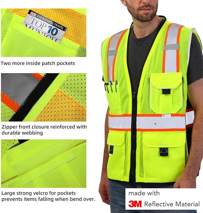 Dib Safety Vest Reflective Yellow Mesh, High Visibility Vest with Pockets and Zipper, ANSI Class 2 Heavy Duty, Made with 3M Reflective Tape XL