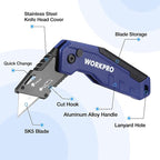 WORKPRO Folding Utility Knife, Quick Change Box Cutter, Razor Knife for Cartons, Cardboard, Boxes, Blade Storage in Aluminum Handle, 13 Extra Blades Included (Blue)