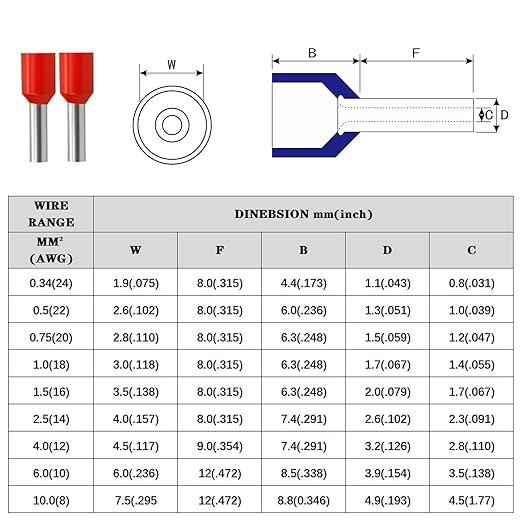 XHF 1000 PCS AWG 24/0.34mm² Wire Ferrules Insulated Copper Crimp Connectors, Crimp Pin Cord End Terminals Blue