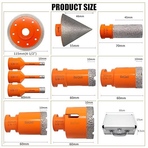 Tile Hole Saw Kit 12pcs, BeQell Diamond Core Drill Bits Set for Porcelain Ceramic Marble Granite Stone,Diamond Beveling Chamfer Bit Tile Cone Finger Bit,Father's Day,Christmas Birthday Gift