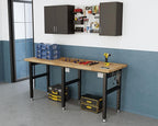SPECRAFT 84“ Adjustable Heavy Duty Workbench with 4 AC Outlet and 2 USB Ports Power Outlets, 5000 Lbs Capacity, Rubber Wood Top for Garage, Workshop, Office