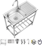 Outdoor Utility Sink,Free Standing Stainless Steel Laundry Tub, Single Bowl Portable Washing Hand Basin Station,fish Cleaning Table&Storage Shelves for Garage, Restaurant, Kitchen,Camping, Backyard