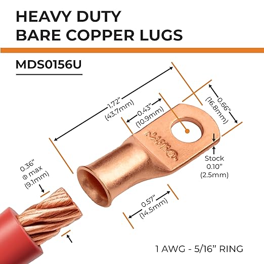 SELTERM 25pcs 1 AWG 5/16" Stud Battery Lugs, Ring Terminals, Heavy Duty Copper Wire Lugs, Battery Cable Ends, 1 Gauge Ring Terminal Connectors, UL Bare Copper Eyelets Electrical Battery Cable Lugs