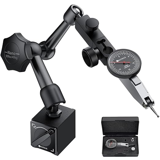 Neoteck Dial Test Indicator with Magnetic Base Stand and Storage Case, 0-0.03"/0.0005" Test Indicator Set with 2 Steel Dovetail Clamps 3/8'' and 5/32'' for Machine Set-Up-Black