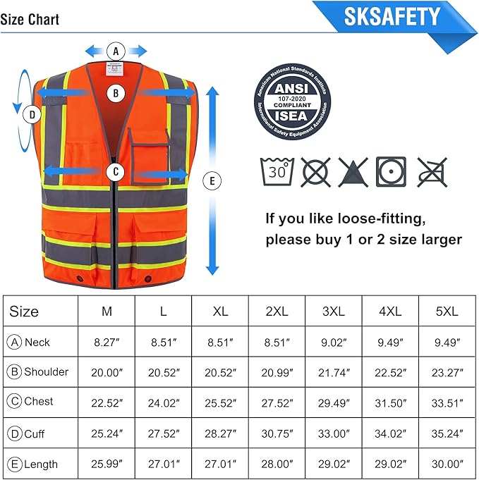 SKSAFETY 10 Pockets Safety Vest, Class 2 High Visibility Security with Zipper, Hi Vis Vest with Reflective Strips, ANSI/ISEA Standard, Construction Work Vest for Men ＆ Women （Orange, XL）