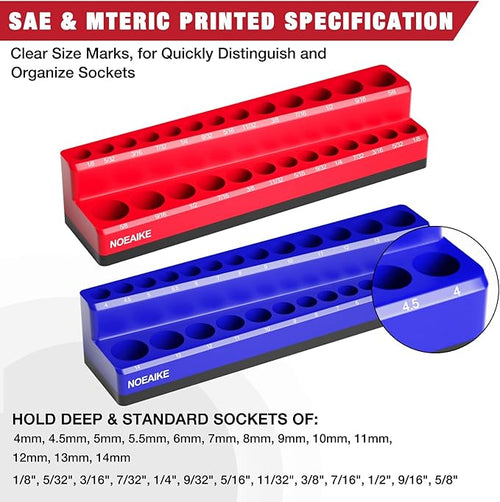 1/4 Inch Magnetic Socket Organizer, NOEAIKE 2-Pack Metric &SAE Socket Holder Set 1/4" Drive Socket Trays, Holds 52 Pcs Standard and Deep Size Sockets(Socket not Included)
