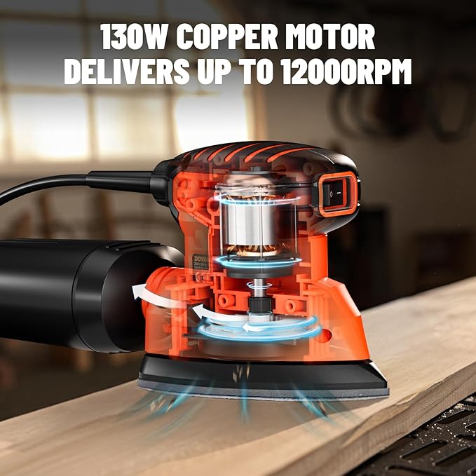 DLS03A Detail Sander, 130W Palm Sander Tool, Dust Collection System, 12PCS Sandpaper, 12000RPM Compact Hand Sander for Wood Steel Surfaces