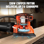 DLS03A Detail Sander, 130W Palm Sander Tool, Dust Collection System, 12PCS Sandpaper, 12000RPM Compact Hand Sander for Wood Steel Surfaces