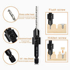 3 Pack Countersink Drill Bit Set #10#12#16, 3in1 Woodworking Counterbore Hole Saw Drill Bits, Depth Adjustable M2 Pilot Drill Bits, 82-Degree Chamfer, 1/4" Hex Shank, with 1 Allen Wrench