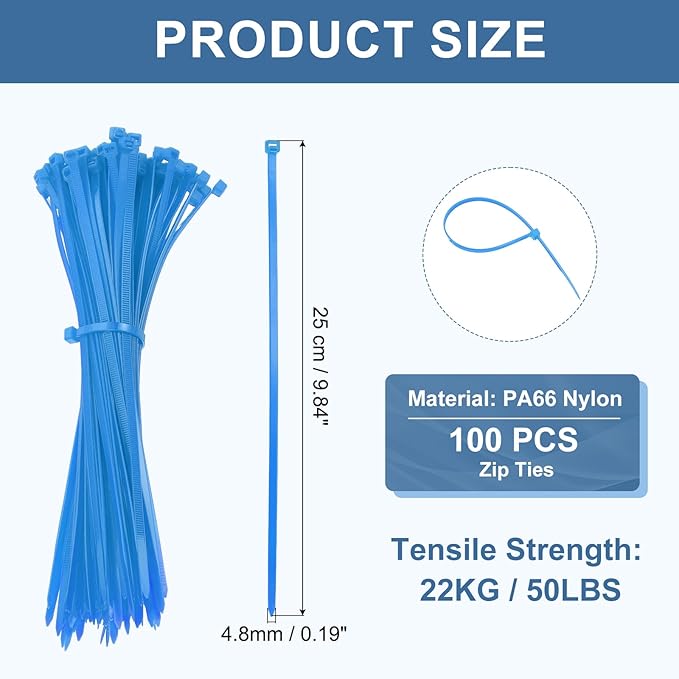 PATIKIL Cable Zip Ties 10 Inch, 100 Pcs Self-Locking Nylon Wire Tie Wraps Heavy Duty Cord Management with 50 lbs Tensile Strength for Indoor and Outdoor, Blue (0.2"W)