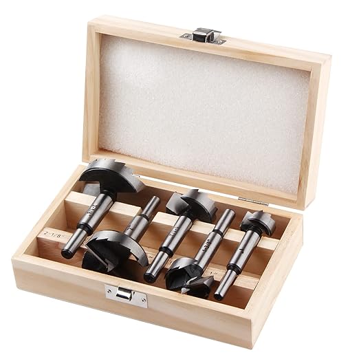 HPHOPE Forstner Bit Set 5Pcs - Forstner Bits for Wood, Wood Drilling with Round Shank, Drill Accessories, Size 1", 1-3/8", 1-1/2", 2", 2-1/8" with Storage Case