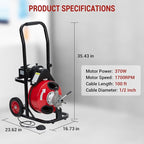 Auto Feed 100 FT x 1/2 Inch Drain Cleaner Machine with 370W Motor, Portable Sewer Snake Auger with 8 Cutters & Air-activated Foot Switch, Fits 1" to 4" Pipes, Black & Red