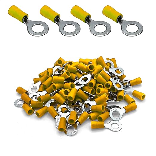 ANGSTROM 1/4" Bolt Ring Terminals, Insulated Electrical Crimp Connectors 100pcs (12-10ga Yellow)
