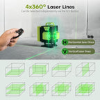 16 Line Laser Level 360 Self Leveling,4x360° Professional 4D Cross Line Green lazer Level with 2 Batteries for Construction and Picture Hanging,Adjustable Brightness Magnetic Bracket,Remote Control