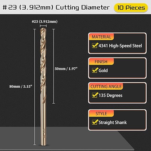 Drill Bit, #23 Cutting Diameter, 4341 HSS Gold Finish 135° Cutting Angle Number Jobber Bits - (Applications: for Drilling Soft Metal Plastic Wood), 10-Pieces