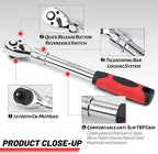 1/2 Inch Drive Extendable Ratchet, Durable Socket Wrench with Long Handle 72-Tooth Quick-Release Reversible, Soft Grip Handle Hand Tool (Red)