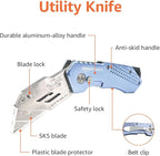 Amazon Basics Folding Utility Knife, Lightweight Aluminum Body with Holster, Light Blue