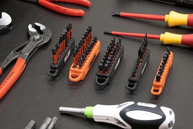 4 Pack Screwdriver Bit Holder Storage Organizer – Railer 10-Hole Bit Holder with Carabiner (Black/Orange/Camo Green/Hi-Vis Green)