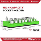 Olsa Tools Magnetic Socket Organizer | 1/2-inch Drive | SAE | Green | Holds 16 Sockets | Professional Quality Tools Organizer