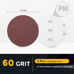 HARFINGTON 5 Pcs 6 Inch Sanding Disc 60 Grit Hook and Loop Sandpaper Random Orbital Sander Pads for Woodworking Automotive Metal Polishing