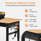 70" Adjustable Workbench on Wheels, 2000 LBS Heavy Duty Work Table with Power Outlets & Pegboard, Rubber Wood Workstation for Garage, Workshop, Office, Home, Commercial