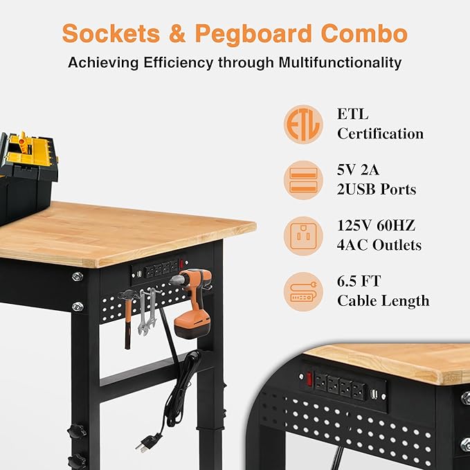 70" Adjustable Height Workbench, 2000 LBS Heavy Duty Work Table with Power Outlets & Pegboard, Rubber Wood Workstation for Garage, Workshop, Office, Home, Commercial