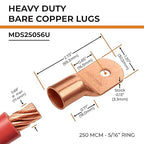 SELTERM 2pcs 250 MCM 5/16" Stud Copper Wire Lugs, Battery Lugs, Ring Terminals, Battery Cable Ends, 250 kcmil Ring Terminal Connectors, UL Heavy Duty Bare Copper Eyelets Battery Terminal Connectors