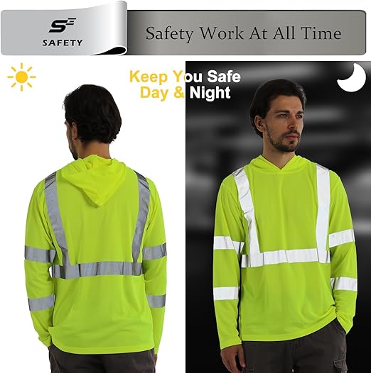 sesafety Safety Long Sleeve Construction Shirts for Men, Class 3 High Visibility Safety Shirt Work, Hi Vis Reflective Shirts with Hoodie Breathable Yellow 4XL
