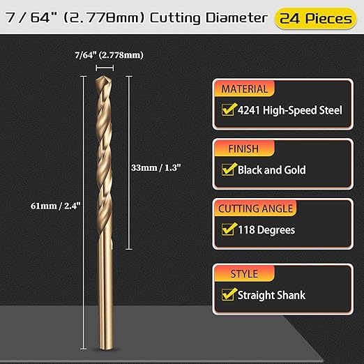 Drill Bit, 7/64" Cutting Diameter (2.778mm), 4241 HSS Black and Gold 118° Cutting Angle Versatile Jobber Bits - (Applications: for Drilling Plastic Wood Soft Thin Metal), 24-Pieces