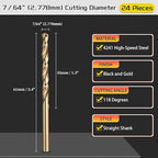 Drill Bit, 7/64" Cutting Diameter (2.778mm), 4241 HSS Black and Gold 118° Cutting Angle Versatile Jobber Bits - (Applications: for Drilling Plastic Wood Soft Thin Metal), 24-Pieces