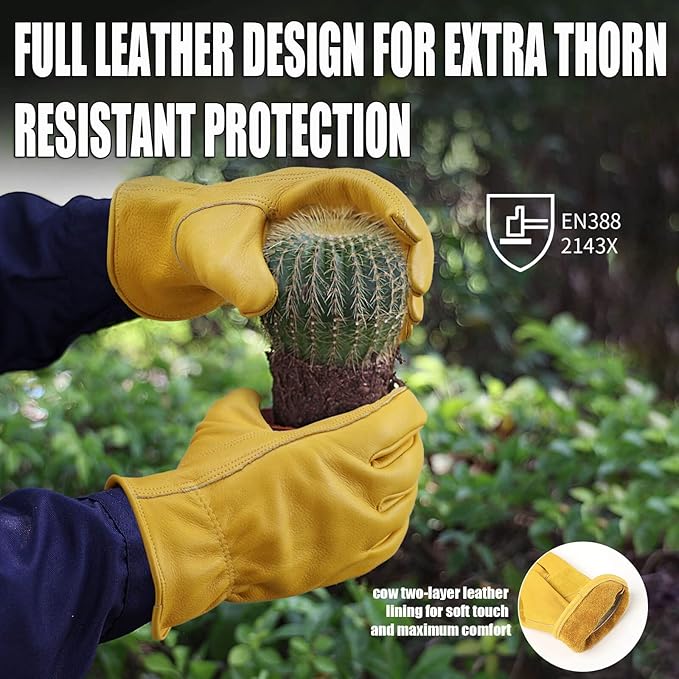 OZERO Flex Grip Leather Work Gloves Stretchable Wrist Tough Cowhide Working Glove 1 Pair (Gold, X-Large)