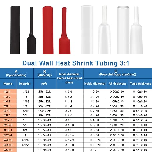 XHF 1/4 Inch(6.4mm) 82 Ft XHF 3:1 Waterproof Heat Shrink Tubing Roll Marine Grade Adhesive Lined Heat Shrink Tube, Insulation Sealing Oil-Proof Wear-Resistant Black