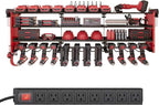 4 Layers Power Tool Organizer Wall Mount with Power Strip, Heavy Duty Metal Shelf, 400lbs Capacity for Cordless Drills, Batteries & Garage Storage (12 Slots with 8 Outlets Power Strip)