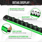 Magnetic Socket Organizer, 1-Piece Heavty Duty Aluminum Socket Holder, Socket Rail for Tool Box, Premium Quality 360° Swivel Socket Rack with 14 Clips for 1/4-Inch(Green)