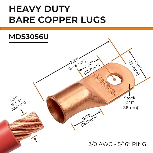 SELTERM 10pcs 3/0 AWG - 5/16" Stud - Battery Lugs, Heavy Duty Wire Lugs, Ring Terminals, Battery Cable Ends,000 Gauge Terminals, UL Bare Copper Eyelets Electrical Battery Terminal Connectors