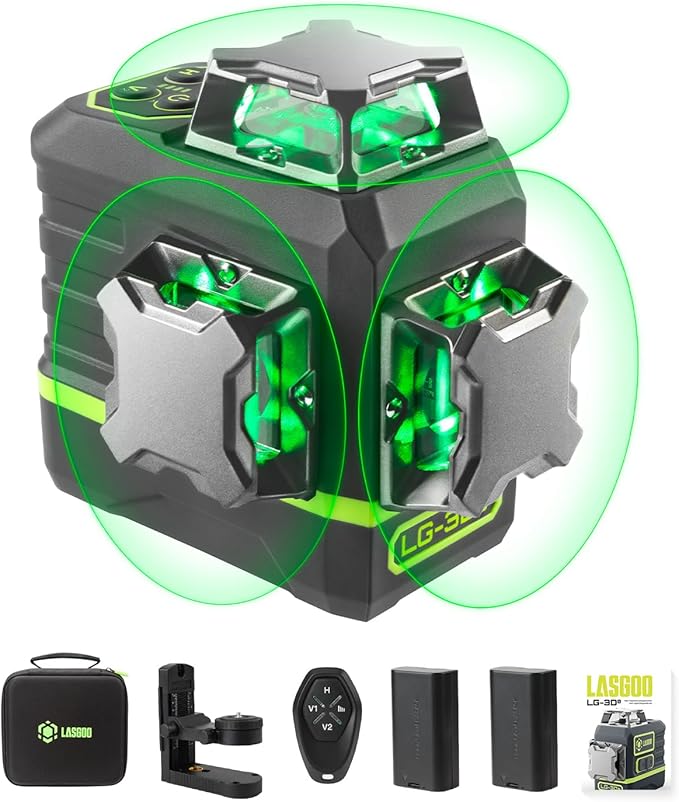 Laser Level Self Leveling 360°x3 Green Cross Line Laser Tool for Construction and Picture Hanging, Remote Control, Professional Magnetic Rotating Stand, 2 Rechargeable Batteries - LG-3Ds