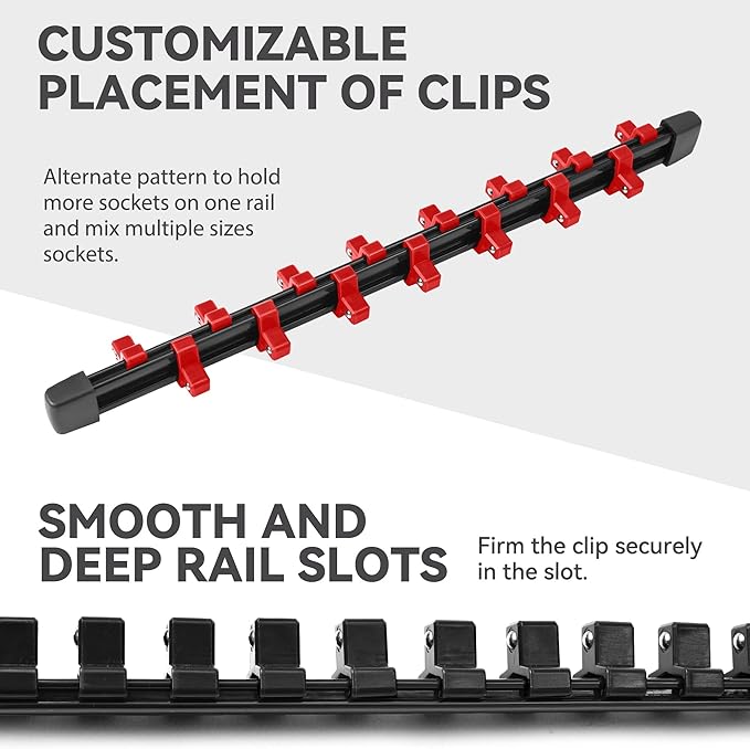 ALOANES 9 PC ABS Socket Organizer, 3/8 inch, Drive Socket Rail Holders, Heavy Duty Socket Racks, Black Rails with Red Clips