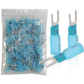 100pcs 16-14 AWG Marine Grade Heat Shrink Fork Connectors, ＃10 Tinned Copper Heat Shrink Fork Terminals, Insulated Electrical Spade Crimp Fork Wire Connectors (Blue AWG16-14)