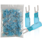 100pcs 16-14 AWG Marine Grade Heat Shrink Fork Connectors, ＃10 Tinned Copper Heat Shrink Fork Terminals, Insulated Electrical Spade Crimp Fork Wire Connectors (Blue AWG16-14)