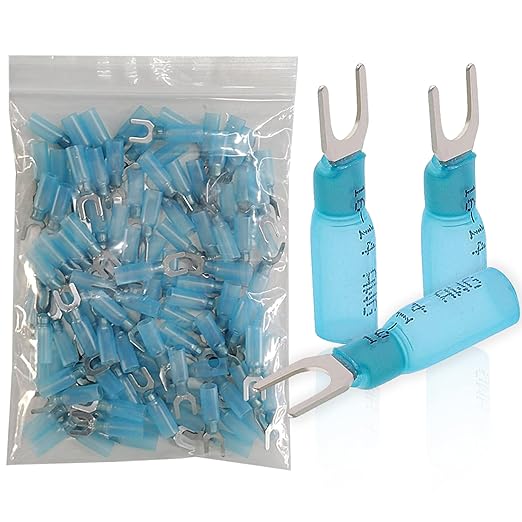 100pcs 16-14 AWG Marine Grade Heat Shrink Fork Connectors, ＃10 Tinned Copper Heat Shrink Fork Terminals, Insulated Electrical Spade Crimp Fork Wire Connectors (Blue AWG16-14)