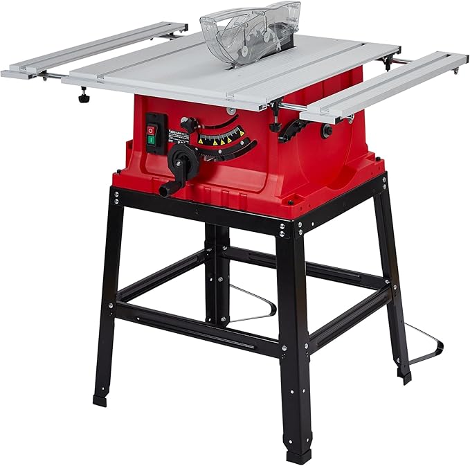 Table Saw, 10 Inch 15A Multifunctional Jobside Table Saw with Stand & Push Stick, 90° Cross Cut & 0-45° Bevel Cut, 5000RPM, Adjustable Blade Height for Woodworking