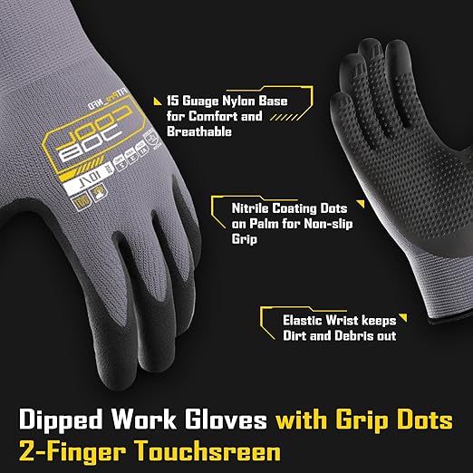 COOLJOB 3/12/36 Pairs Nitrile Rubber Dipped Safety Work Gloves with Grip Dots, Seamless Knit Nylon Gloves with 2 Finger Touchscreen, Non-slip Coated for Warehouse, Home Improvement, Yard, Grey Medium