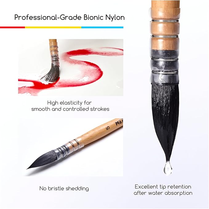 MEEDEN Watercolor Brushes Professional - Synthetic Squirrel Hair Artist Paint Brushes Set with Beech Wood Handle Great for Artists Hobbyists Size 4