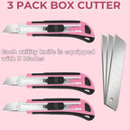 3-Pack Box Cutter, 18mm Wide Blade Utility Knife Retractable, Pink Box Cutter with Quick Change Blade and Lanyard Hole Design, Exacto Knife Suitable for DIY, Office, Arts Crafts and Home