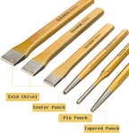 6 Pack Punch and Chisel Set, Includes 3 Pcs Digging Tools Cold Chisel, 3 Pcs Center/Pin/Tapered Punch Set, with Canvas Bag, Masonry Chisels for Brick, Wood, Metal and Stone