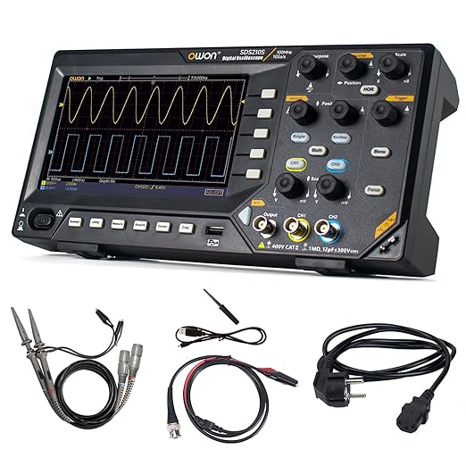 OWON Oscilloscope 100MHz Bandwidth, 2+1 Channel Digital Oscilloscope 3 in 1 Functions with 25MHz Function Generators with 7” LCD Display Support 30 Automatic Waveform Measurements OWON SDS210S