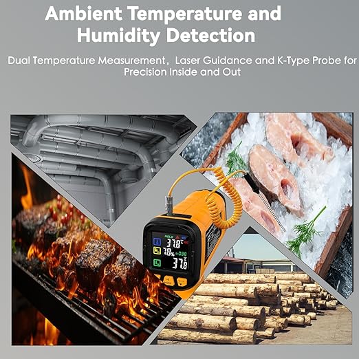 50:1 Infrared Thermometer Temperature Gun, Dual-Mode Temp Gun -58°F to 1796°F, with K-Type Thermocouple for Internal Readings, for Kilns, Industrial, and HVAC Applications