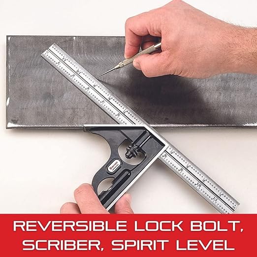Starrett Steel Combination Square with Square Head - 6" Blade Length, Cast Iron Head, Hardened Steel, Reversible Lock Bolt, Scriber, 16R Graduation Type - C11H-6-16R