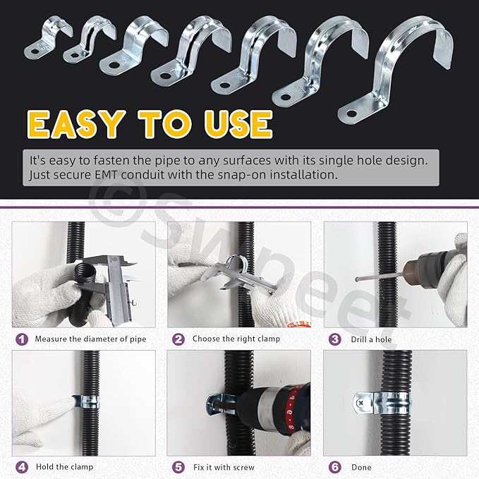 Swpeet 30Pcs 1-1/2"(40mm) Zinc Plated One Hole EMT Pipe Strap Kit, Pipe Straps U Bracket Tube Strap Pipe Clamp 1 Hole Snap On Pipe Strap Conduit Clamps Tension Clips for Fixing EMT Conduit Pipe